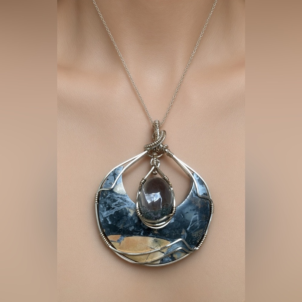 Gold Lunula Crescent Moon Maligano Jasper and Lodolite Garden Quartz with Chain